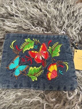 Patricia Nash Denim Wristlet with Multicolor Butterfly Embroidery